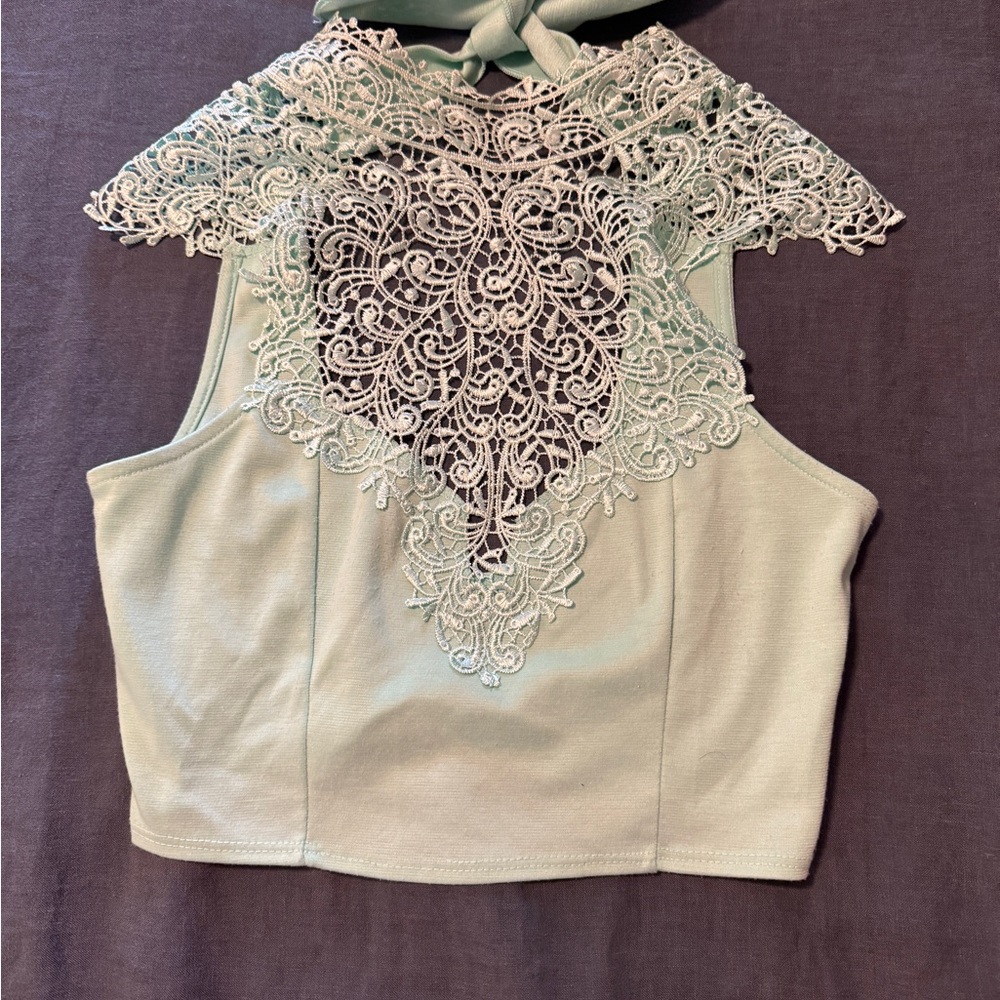 Voll Style Mint Lace Accent Blouse